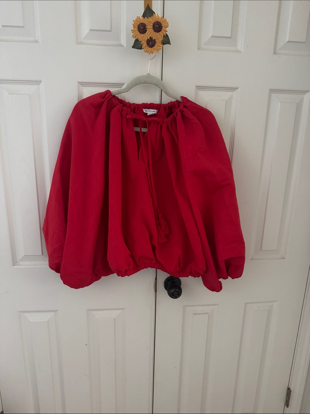 Voluminous Red Peasant Blouse with Tie Neck